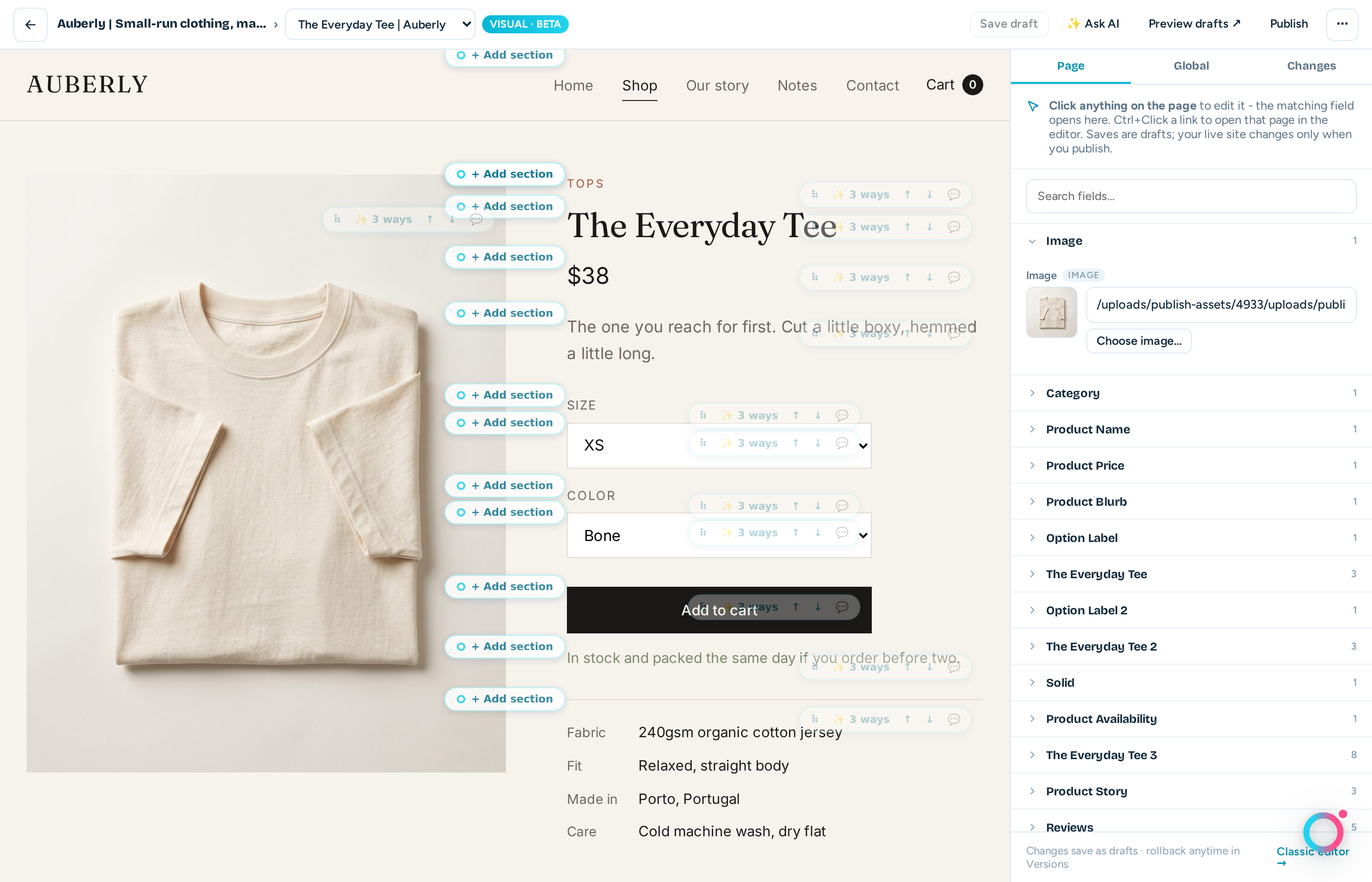 The visual editor on a product page - price, size and colour fields, with a three-ways chip on every section