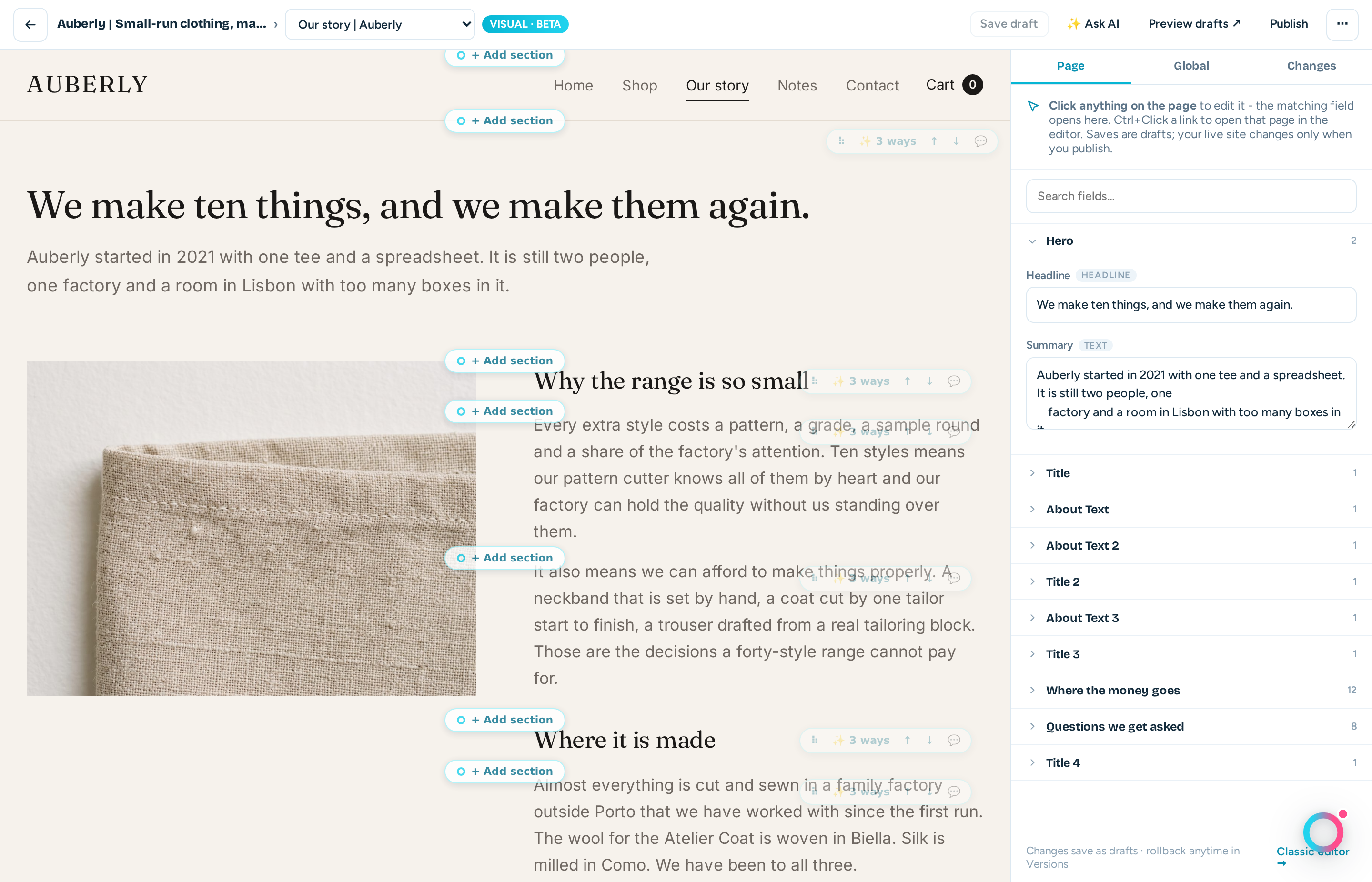 The visual editor on the Our story page - stacked prose sections, each with a drag handle, a three-ways chip and a note bubble