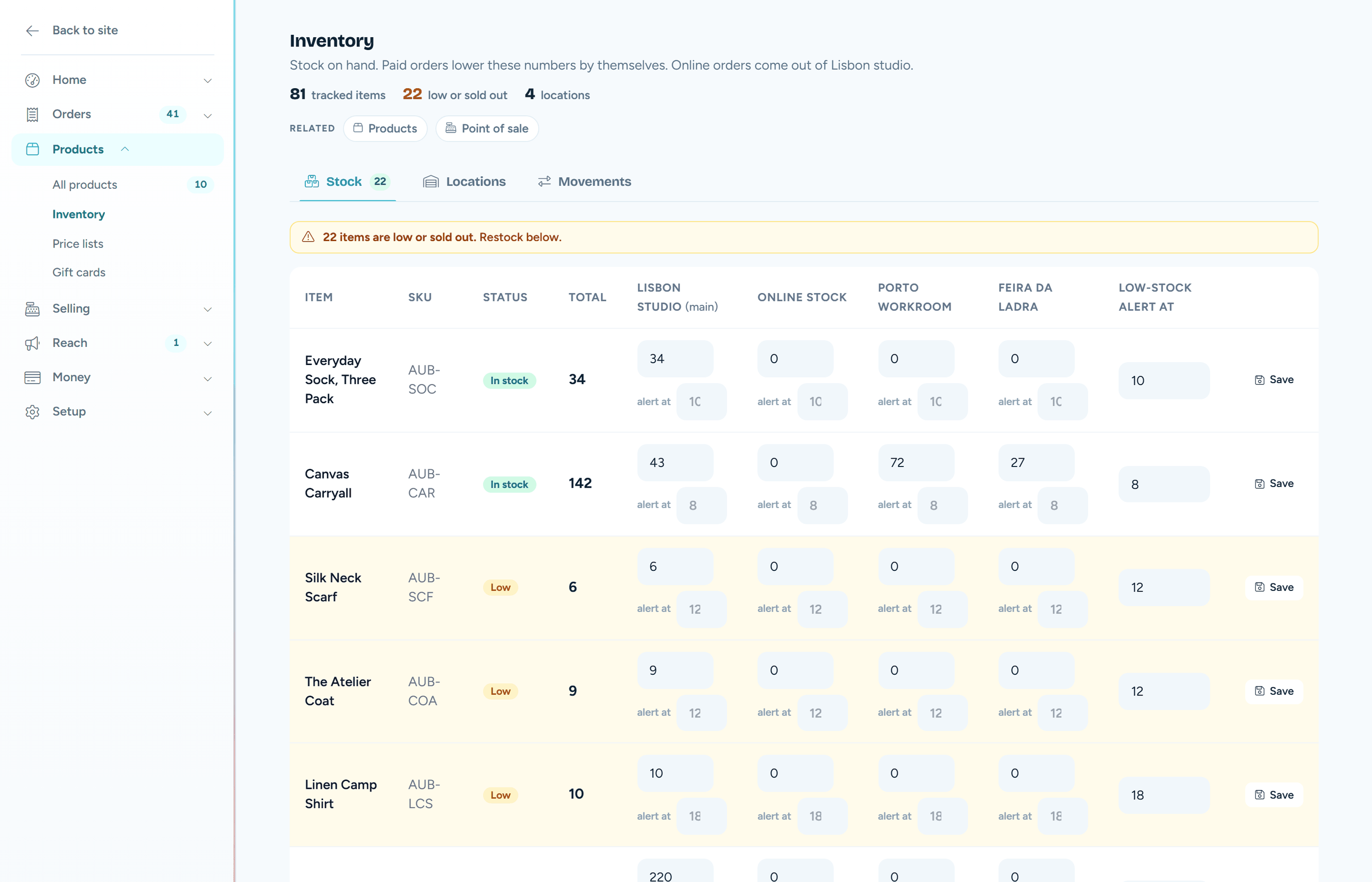 The Inventory screen - stock per variant per location, with low-stock flags