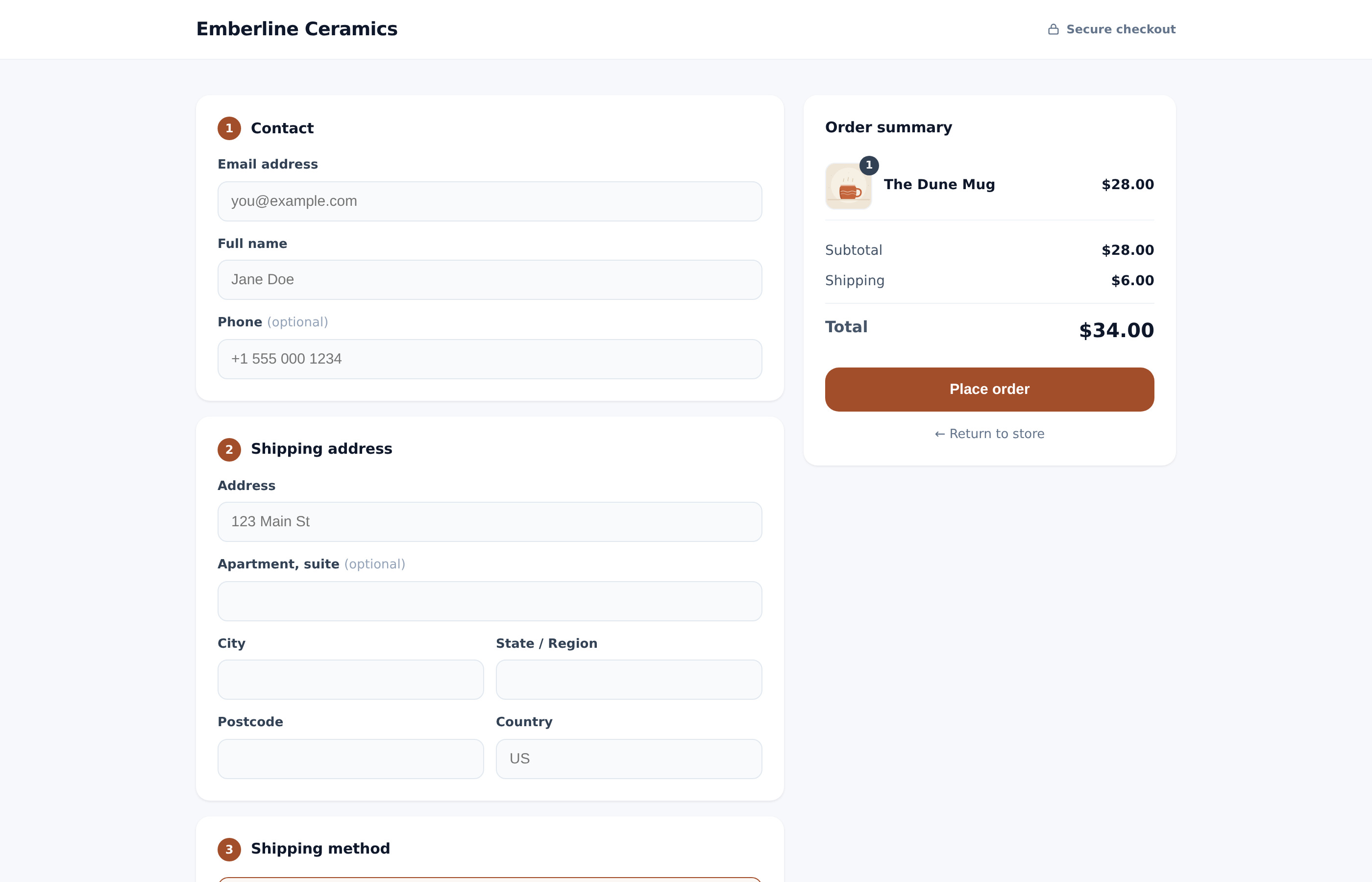 The hosted checkout with contact, shipping and order summary