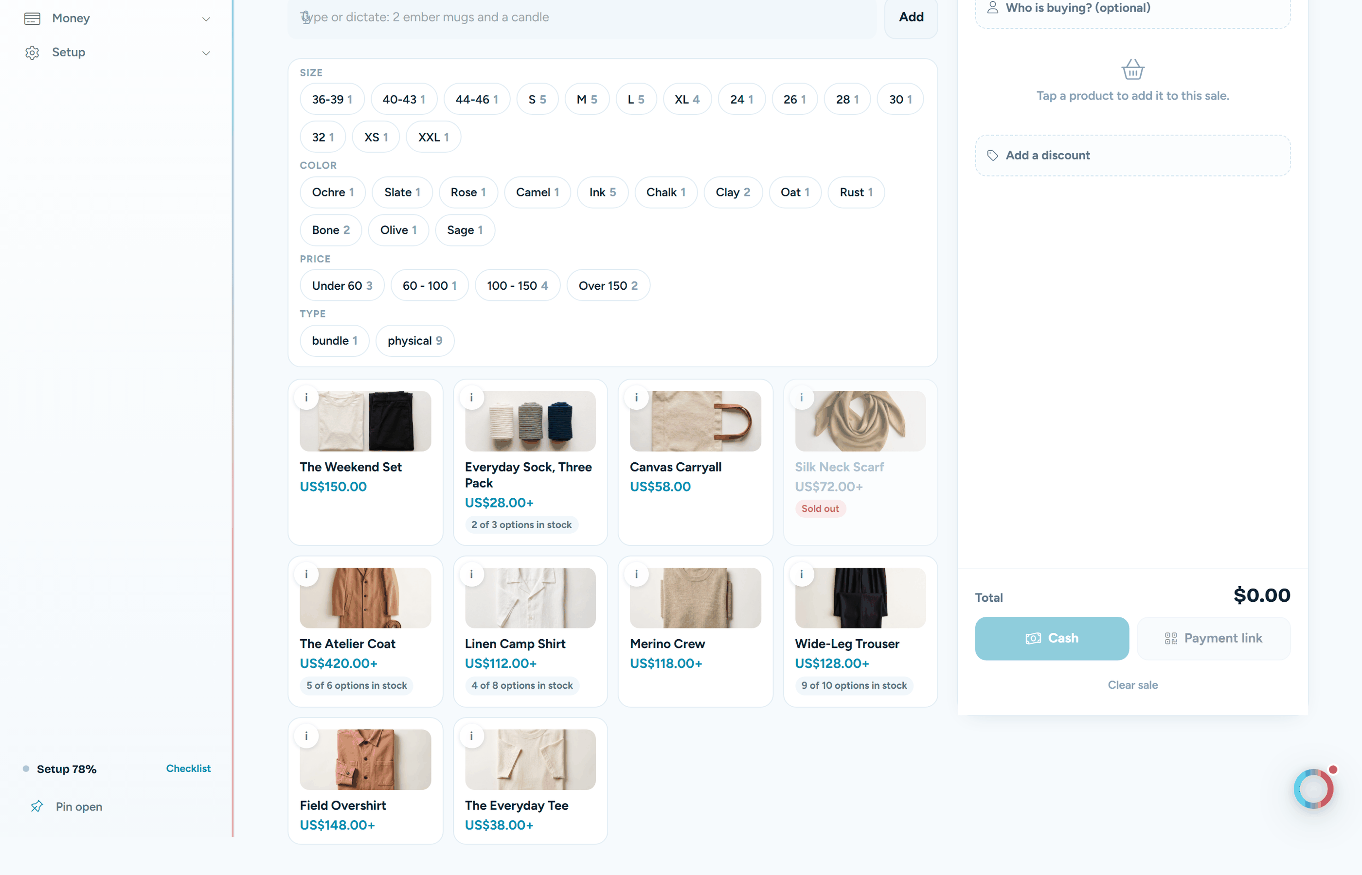 The register with product tiles, filters and the open sale beside them