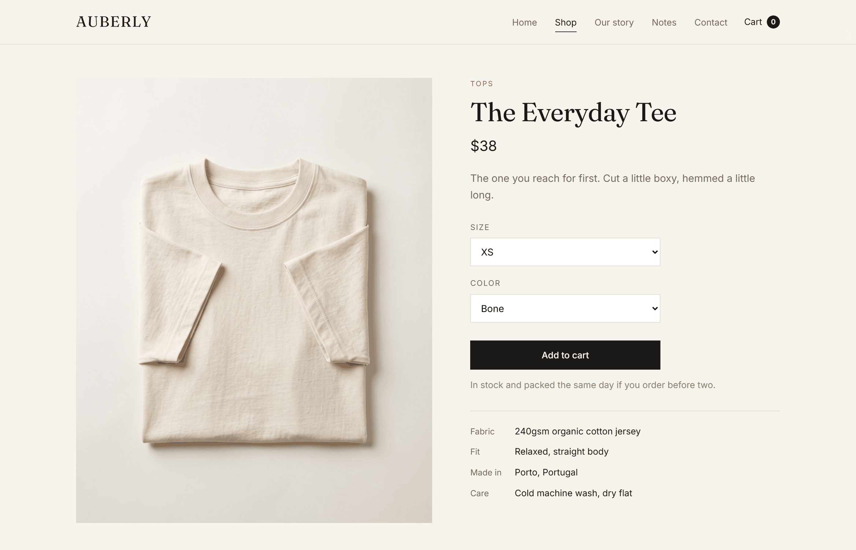 A product page on a live store with price, details and add to cart