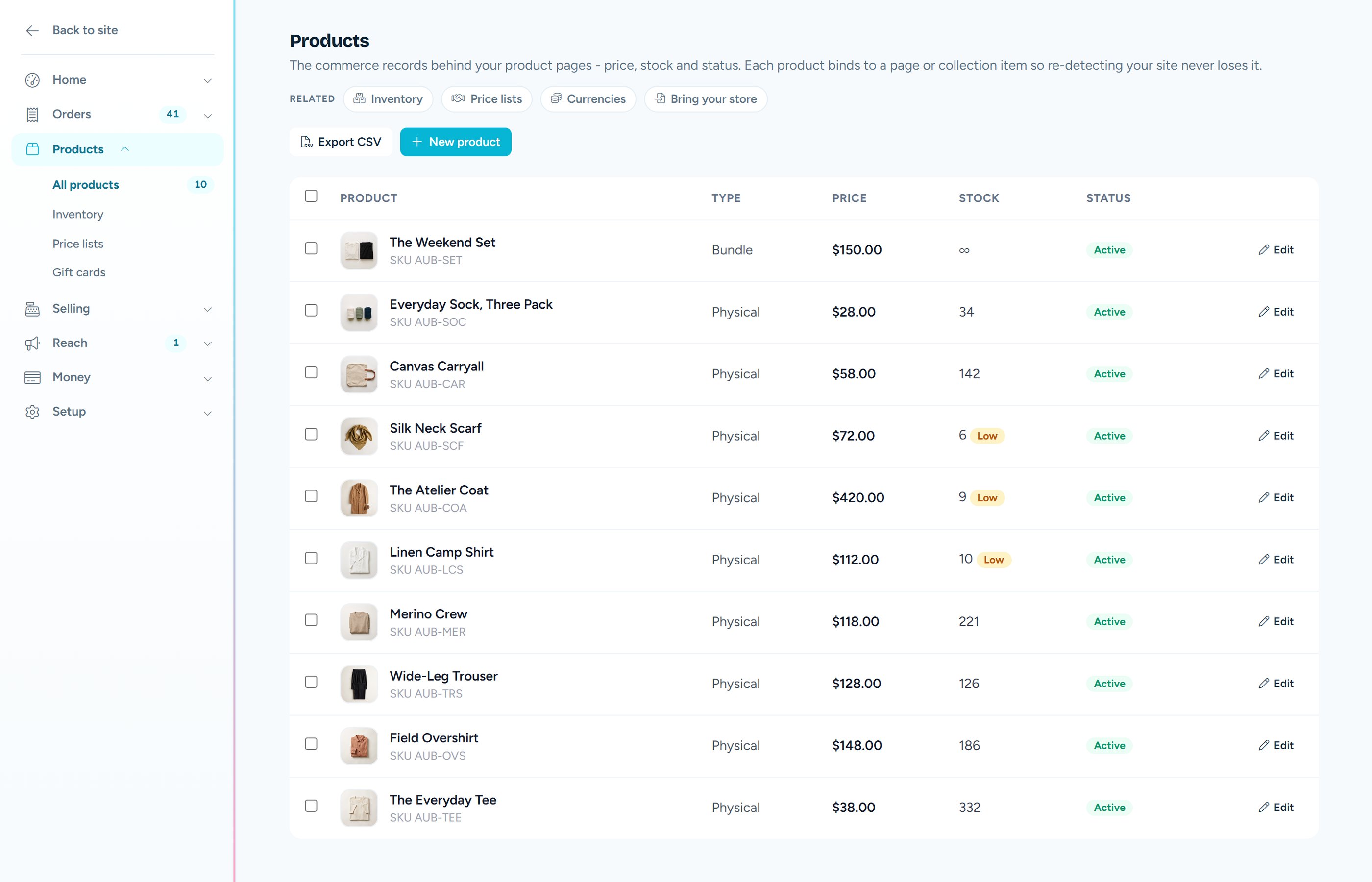 The Products screen - price, type, stock and status per product