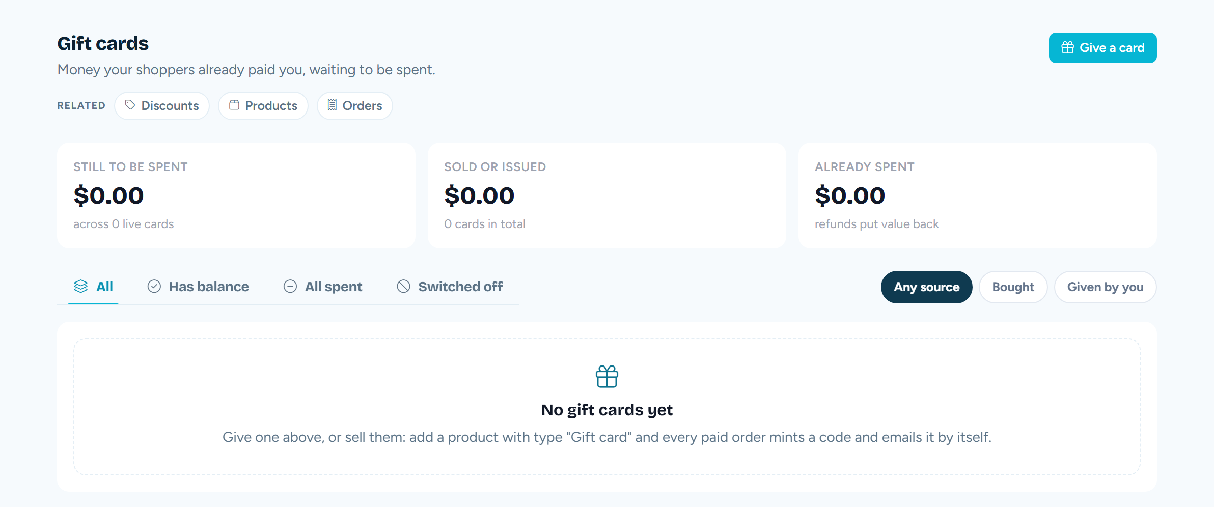 The Gift cards screen with balances still to be spent, sold and already spent
