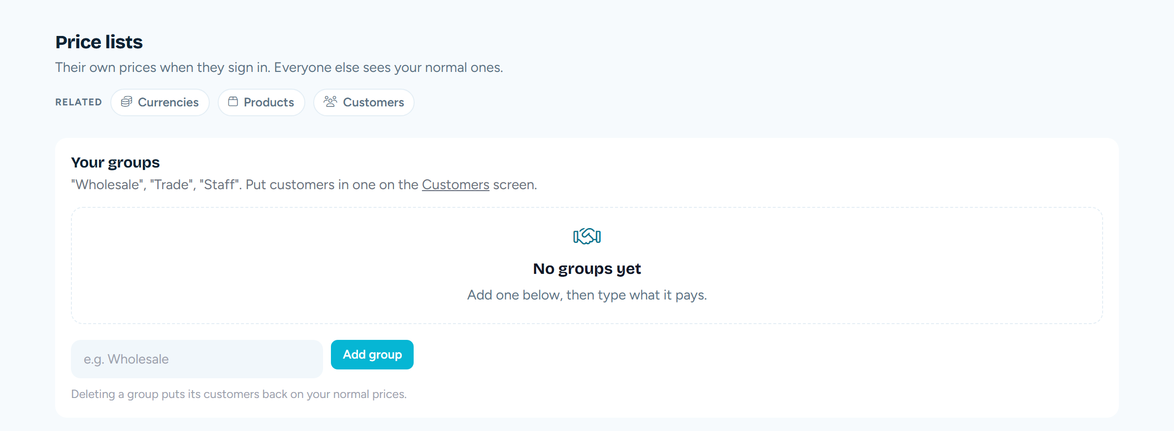 The Price lists screen for giving trade buyers their own prices