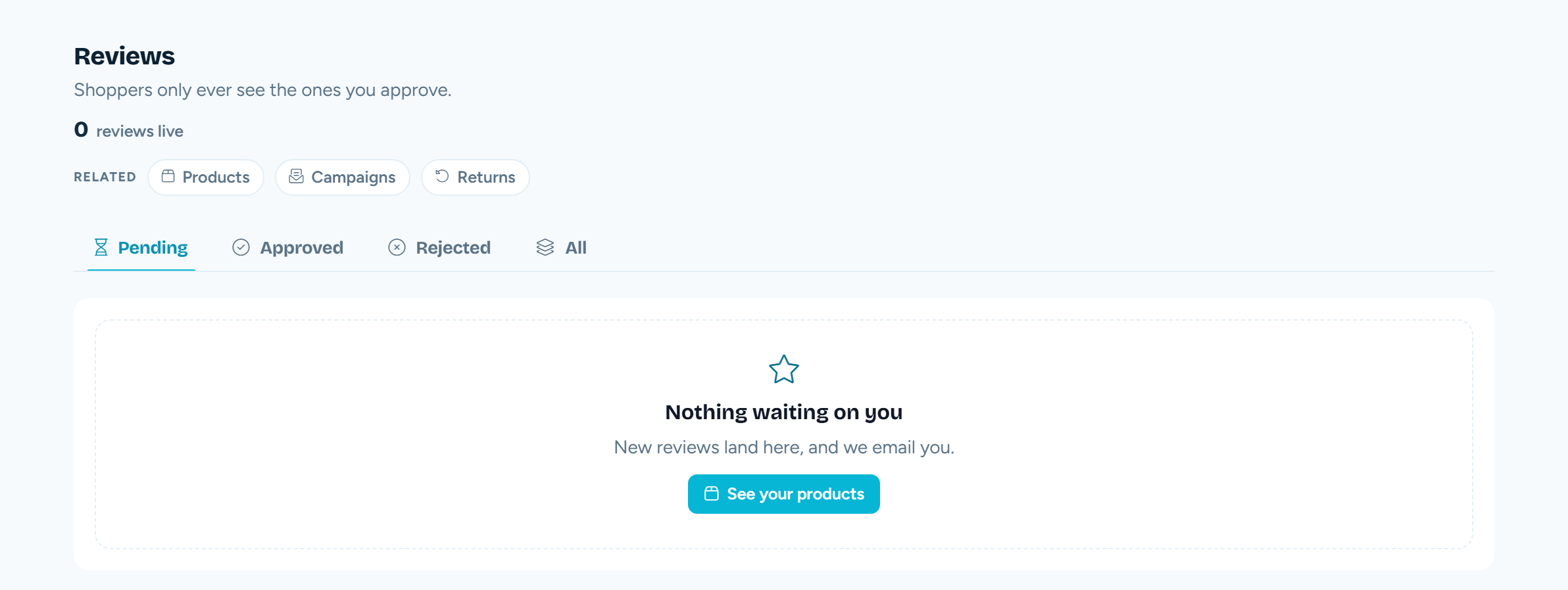 The Reviews screen with pending, approved and rejected tabs