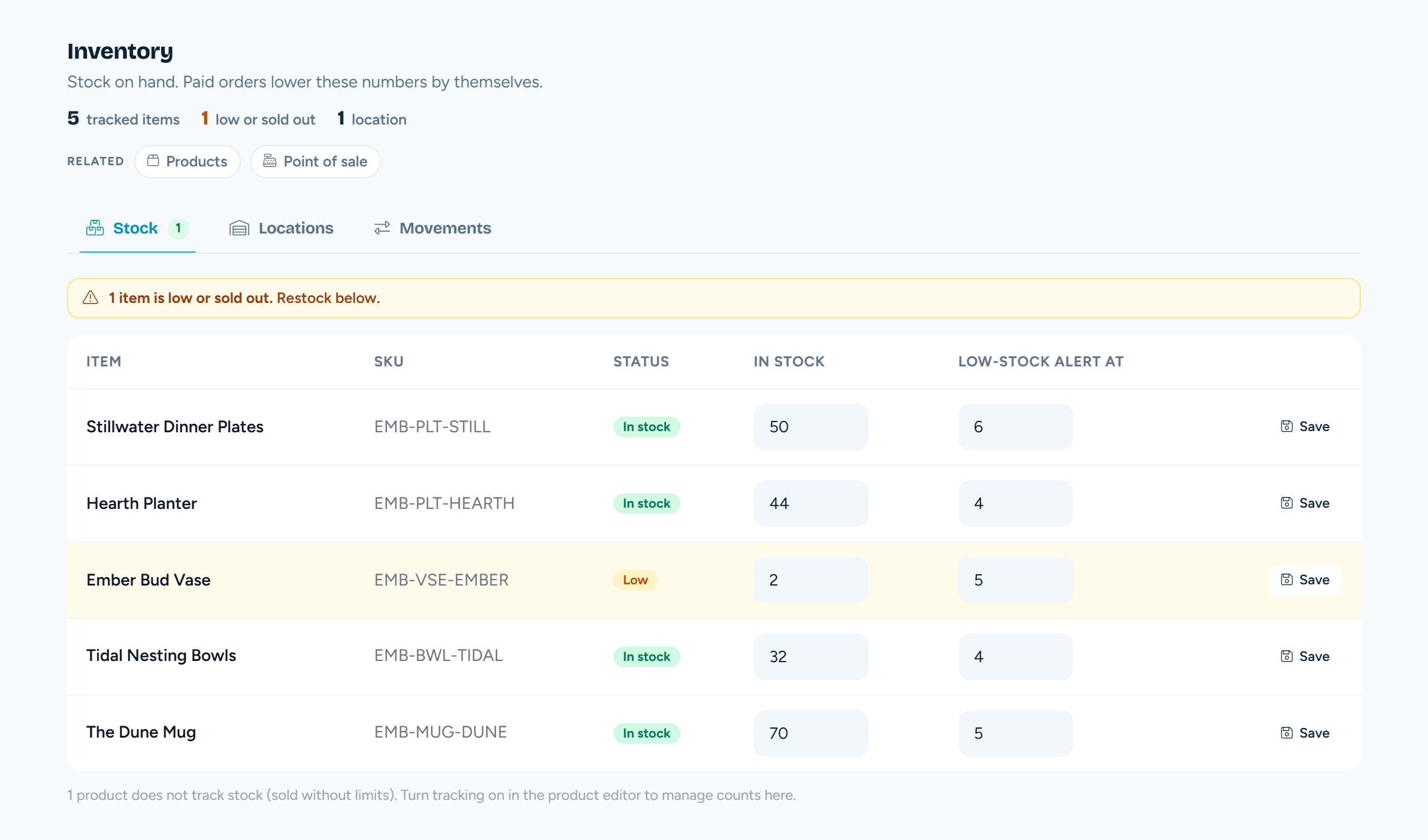 The Inventory screen with stock per item, a low flag and the low-stock alert level